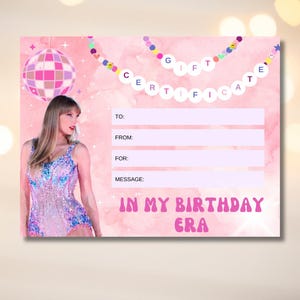 Vale-presente de aniversário da Taylor Swift, modelo digital editável para impressão, cupom de presente de última hora, vale-presente, cartão de aniversário, presente