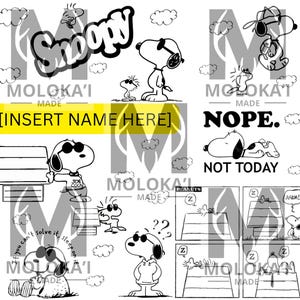 May include: Black and white cartoon illustrations of Snoopy and Woodstock from the Peanuts comic strip. Snoopy is depicted in various poses, including wearing sunglasses, and the text "Snoopy", "Nope. Not Today", and "If you can't solve it, sleep on" are included.
