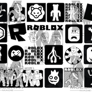May include: A collection of black and white Roblox-themed graphics. The images include character illustrations, logos, and game-related icons. The designs are square and circular, with the word "ROBLOX" appearing in various forms.