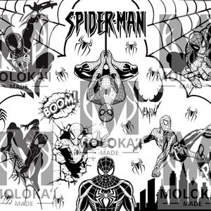 May include: Black and white Spider-Man themed graphic design. The design includes multiple illustrations of Spider-Man in various action poses, spider webs, and the word "Spider-Man" in a stylized font. The word "BOOM" and "POW" are also included.