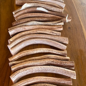 May include: A stack of 15 natural antler dog chews. The antlers are a light brown color with a natural, rough texture. The antlers are all different sizes and shapes, but they are all curved.
