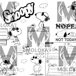 May include: Black and white Snoopy cartoon character illustrations. Snoopy is wearing sunglasses and a hoodie. The word "Snoopy" is in large, bold letters. Other text includes "Joe Cool", "Nope", "Not Today", and "If you can't solve it, sleep on it."