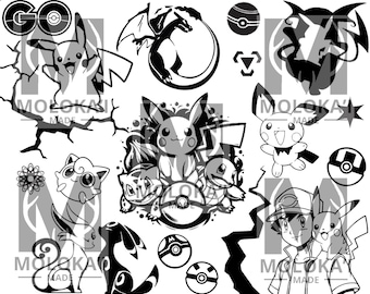 May include: Black and white illustration of various Pokemon characters, including Pikachu, Charizard, and Squirtle. The image also includes Poke Balls and the text "MOLOKAI MADE".