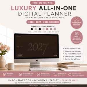 May include: A desktop computer displays a digital planner interface with the year 2027 prominently featured. The screen is surrounded by a keyboard, mouse, and a coffee cup. Text on the screen reads "The Ultimate Luxury All-In-One Digital Planner".