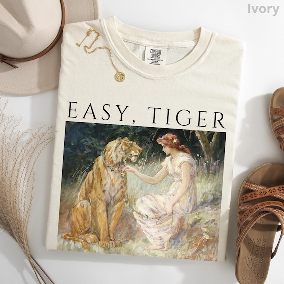 Easy Tiger Comfort Colors® T-Shirt, Vintage Tiger Art Shirt, Oversized Retro Tiger Tee, Trendy Animal Pun Shirt, Graphic Tee for Her