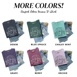 May include: A unisex t-shirt with the text "What is the Chief End of Man?" in a circle with a hand design. The shirt is shown in 10 different colors: Denim, Blue Spruce, Chalky Mint, Grape, Berry, Orchid, Heather Grey, Black, Navy, and White.