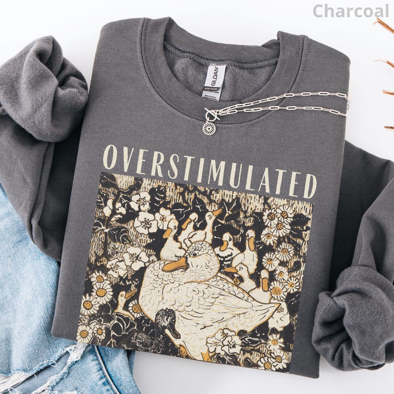 May include: Charcoal gray sweatshirt with the word "OVERSTIMULATED" printed across the front. The graphic features ducks and flowers in a vintage style. A silver necklace with a sun pendant rests on the sweatshirt.