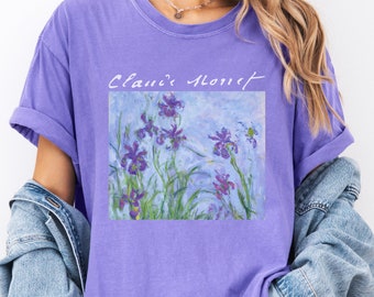 100% Cotton Monet Shirt, Claude Monet Lilac Irises Comfort Colors Floral Graphic T-Shirt for Women, Art Lover Tee, Art Teacher Gift for Her