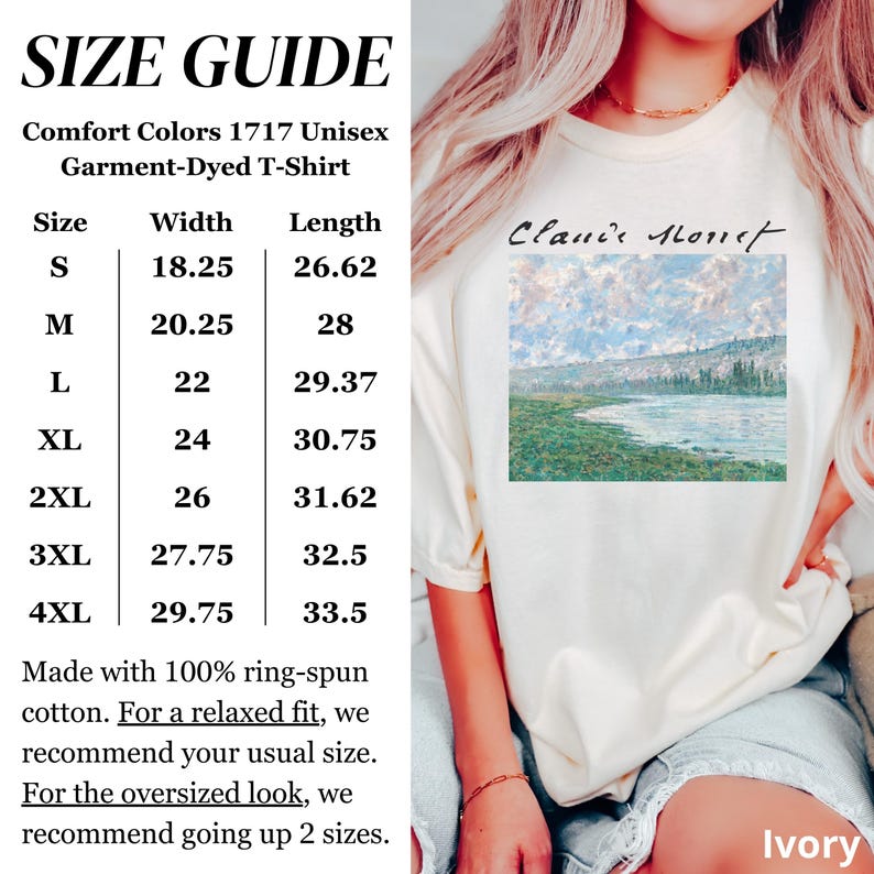 May include: Size chart for a unisex t-shirt with a painting of a river and trees by Claude Monet. The chart shows the width and length of the shirt in inches for sizes S through 4XL. The shirt is made with 100% ring-spun cotton.