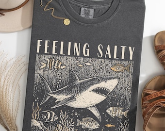 Feeling Salty Shirt, 100% Cotton Comfort Colors® Unisex Retro Summer Ocean Graphic Tee, Summer Coastal Sea Life Top, Beach Shark T-Shirt