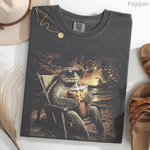 Comfort Colors® Turtle Drinking Iced Coffee Shirt, Fun Animal Lover Tee, Vintage Sea Turtle T-Shirt, Funny GenZ Turtle Meme Shirt