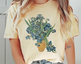 100% Cotton Van Gogh Shirt, Comfort Colors® Irises Painting T-Shirt for Women, Floral Art Lover Tee for Gardener, Art Teacher Gift for Her