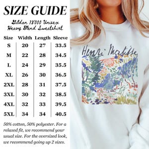 Puede incluir: Sudadera blanca Gildan 18000 Unisex Heavy Blend con estampado art&iacute;stico de Henri Matisse. La gu&iacute;a de tallas muestra las medidas en cm. Fabricada con 50% algod&oacute;n y 50% poli&eacute;ster. Disponible en tallas S a 5XL.