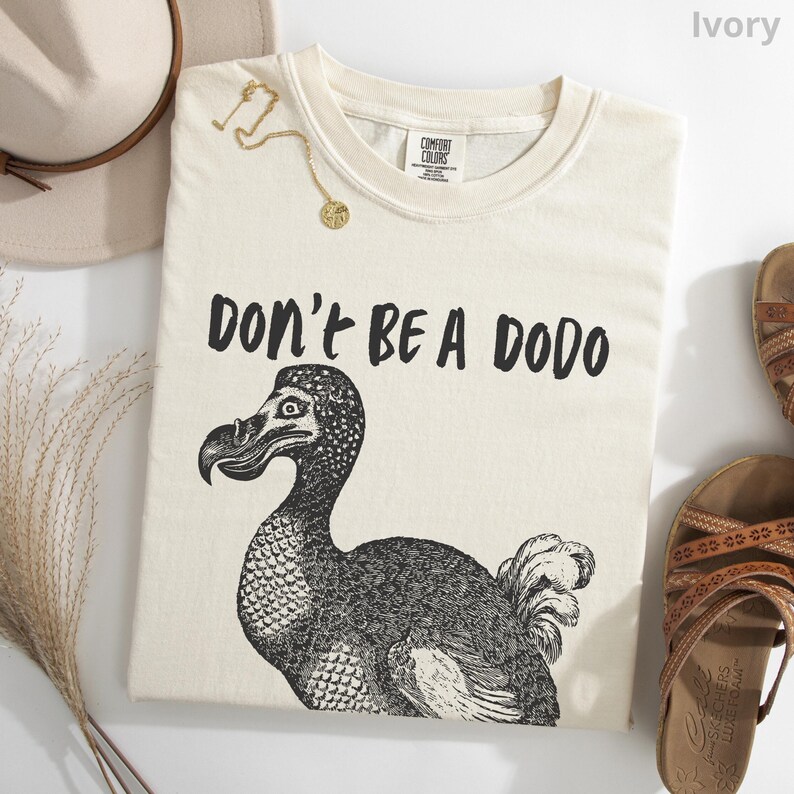 May include: Ivory-colored t-shirt with the text "DON'T BE A DODO" above a black and white illustration of a dodo bird. The shirt is a Comfort Colors brand. A gold necklace and a hat are visible.