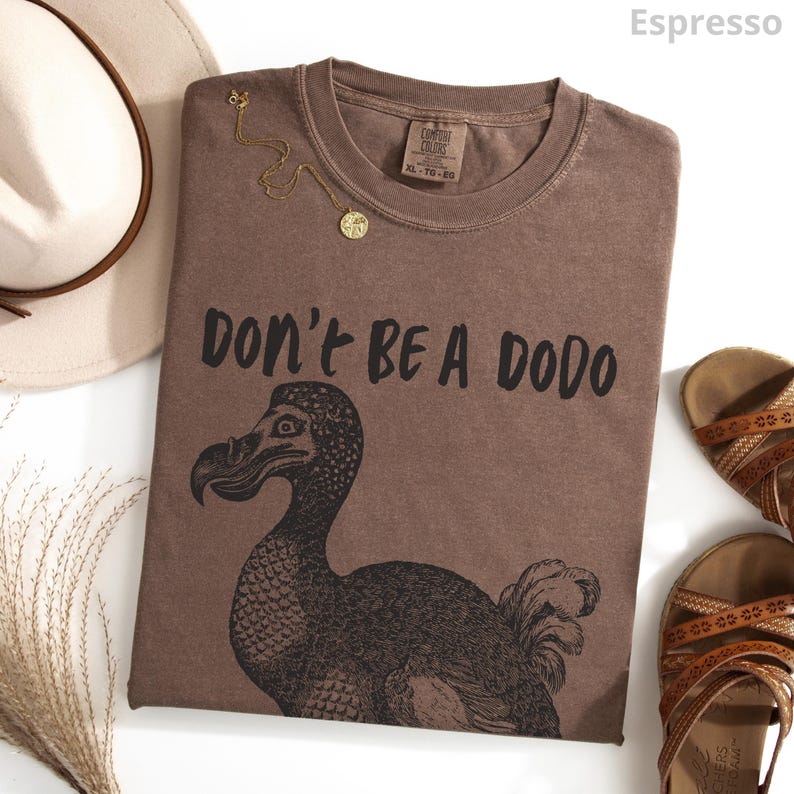 May include: Espresso-colored t-shirt with the text "DON'T BE A DODO" and a graphic of a dodo bird. A gold necklace and a pair of brown sandals are also visible. The shirt is folded and laid flat on a white surface.