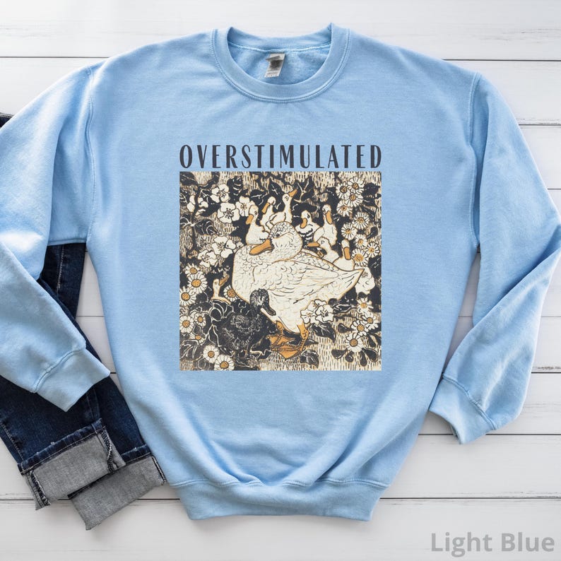 May include: Light blue sweatshirt with the word "OVERSTIMULATED" above a graphic of ducks and flowers. The graphic is in shades of white, black, and tan. The sweatshirt is made of a soft material.