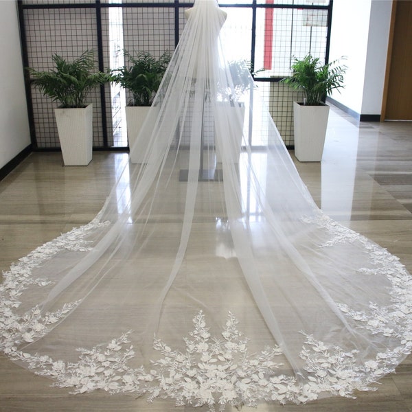 Modern Floral Lace Veil/Ivory Bridal Veil with Beads Long Bridal Veil with Comb Cathedral Length veil Soft Tulle Wedding Veil with Lace