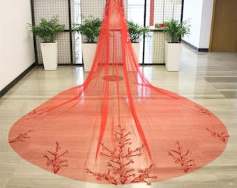 Unique Red Veil Exquisite Embroidered Veil Flowery Wedding Veil Red Wedding Veil with Comb Lace Custom Bridal Veil Lace Floral Veil