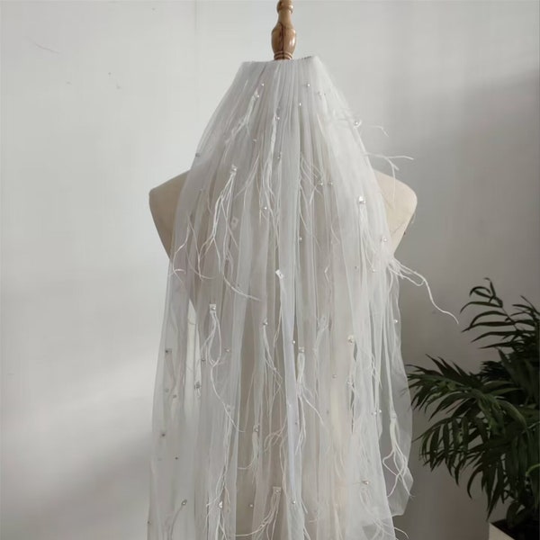 Romantic Lace Wedding Veil,Shiny Bridal Veil,Wedding Veil with Pearls,Custom Length Bridal Veil,Soft Tulle Veil,Ivory/White/Champagne/Beige