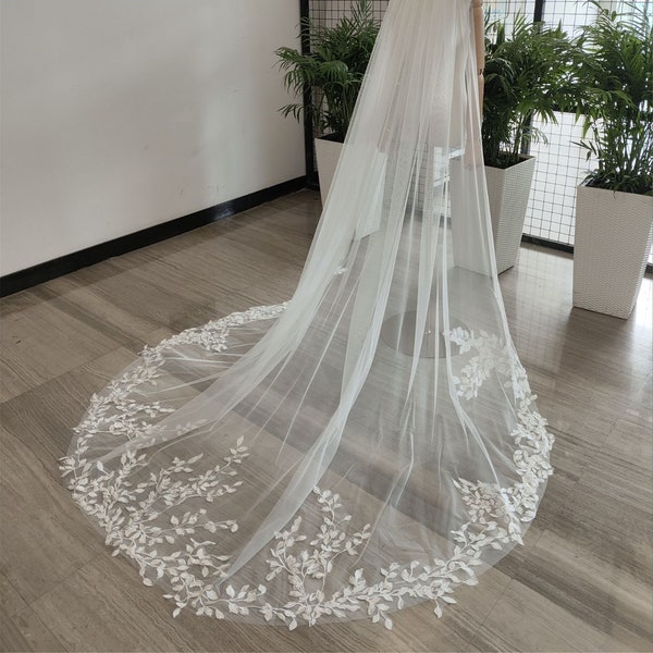 Classical leaves Lace Applique Bridal Veil Long Flower Lace Veil Ivory/White Lace Wedding Veil &Comb Romantic Floral Lace Veil Tulle Veil