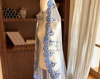 Royal Blue Mantilla Wedding Veil, Floral Lace Cathedral Veil with Comb, Blue Bridal Veil, Vintage Lace Veil, Boho Wedding Accessory