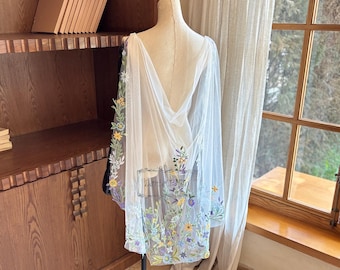 Romantic Floral Wedding Cape Veil, Colorful Wildflower Lace Bridal Cape, Short Fingertip Wedding Veil, V Back Bridal Cover Up