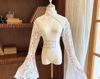 Boho Floral Lace Bridal Bolero, High Neck Cover Up with Bell Sleeve, Lace Wedding Shrug, Open Back, Elegant Wedding Jacket