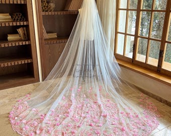 Fariy Pink Floral Lace Wedding Veil, 3D Flower Cathedral Bridal Veil, Botanical Wedding Veil, Garden Veil, Romantic Bridal Veil