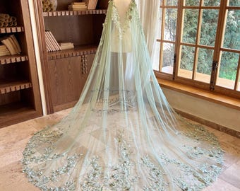 Sage Green Wedding Cape Veil, 3D Floral Bridal Cape, Sparkly Sequined Leaf Lace Cape, Romantic Green Wedding Veil, V Back Bridal Cover Up