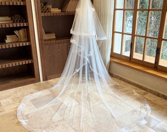 Blusher Wedding Veil, 2 Tier Cathedral Veil, Simple Bridal Veil with Lace Flowers, Romantic Cathedral Length Veil
