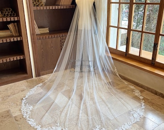 Cathedral Wedding Veil with Sequined Floral Lace Edge, Single Layer Bridal Veil, Boho Embroidered Lace Veil, Romantic Elegant Long Veil