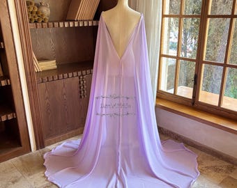 Romantic Purple Chiffon Bridal Cape, Floor Length Wedding Cape, Flowy V Back Bridal Cape Veil, Boho Bride Cover Up, Bridal Accessories