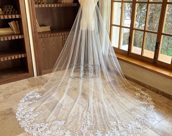 Cathedral Length Wedding Veil, Single Layer Floral Lace Veil, Romantic Long Bridal Veil, Ivory Embroidered Flower Edge Veil