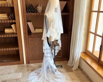 Elegant Bridal Blusher Wedding Veil, Two Tiers Floral Lace Veil, Full Lace Edge Veil, Boho Lace Veil, Romantic Bridal Accessory