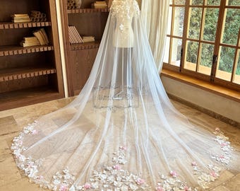 White Pink Floral Mantilla Wedding Veil, Cathedral Lace Bridal Veil with Comb, Romantic Flower Drop Veil, Vintage Lace Veil, Boho Veil