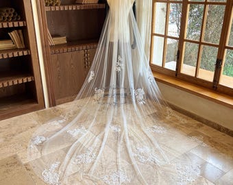 Classic Floral Lace Wedding Veil, Bridal Cathedral Veil, Single Layer Tulle Veil, Boho Lace Veil, Romantic Elegant Long Veil