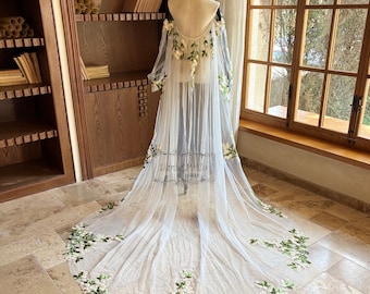 Detachable Sleeve Wedding Cape, Green Floral Lace Wedding Shawl with Train, Long Tulle Cape, Botanical Sleeve Wrap Cape, Bride Accessory