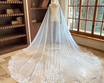 Vintage Sequined Floral Lace Hooded Bridal Cape, Boho Cathedral Wedding Cape, Long Bridal Cloak, Elegant Bridal Accessory