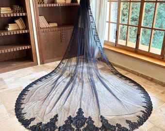 Black Sequined Lace Cathedral Wedding Veil, Sparkly Gothic Boho Bridal Veil, Full Lace Edge One Layer Veil with Comb, Black Wedding Veil