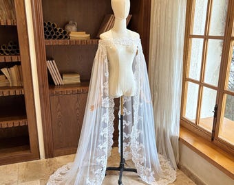 Full Lace Edge Bridal Cape, Off Shoulder Wedding Cape, Sheer Tulle Bridal Shawl Wrap, Floral Lace Wedding Capelet, Boho Wedding Accessory