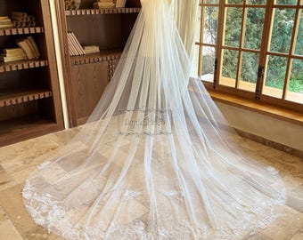 Sequined Beaded Floral Wedding Veil, Cathedral Lace Bridal Veil, Romantic Flower Veil, Vintage Boho Wedding Veil