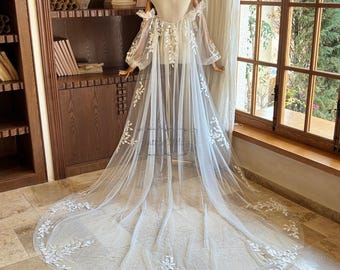 Leaf Lace Bridal Cape with Long Sleeves - Elegant Ivory Tulle Wedding Shawl with Train, Detachable Sleeve Wrap Cape