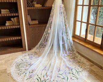 Custom Hand-Painted Floral Wedding Veil, Cathedral Length Bridal Veil, Purple Iris Veil with Lace Edge, Unique Handmade Wedding Veil