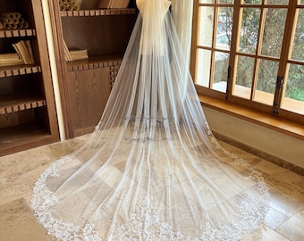 Floral Lace Cathedral Wedding Veil, Single Tier Long Bridal Veil, Delicate Flower Veil, Handmade Romantic Veil for Elegant Bride