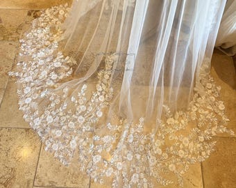 Sparkly Sequined Beaded Lace Wedding Veil, Floral Soft Tulle Bridal Veil, One Tier Floor Length Veil, Boho Wedding Accessory