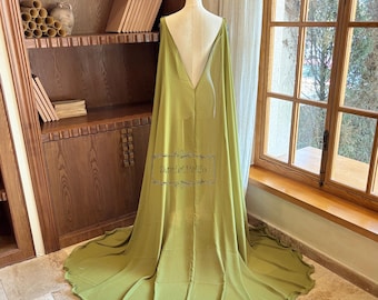 Sage Green Chiffon Bridal Cape, Elegant Floor Length Wedding Cape, Flowy V Back Bridal Cape Veil, Boho Bride Cover Up, Bridal Accessories