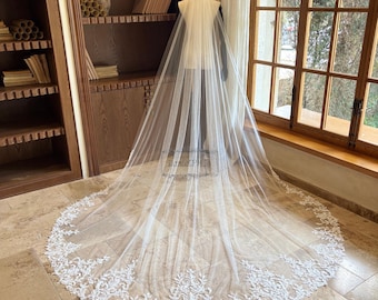 Cathedral Wedding Veil with Beaded Sequined Lace, Single Layer Bridal Veil, Vintage Botanical Embroidery, Romantic Veil, Wedding Accessory