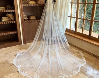 Cathedral Bridal Veil with Sequined Floral Lace, Petal Shape Veil, Irregular Hem Veil, Boho Wedding Veil, Elegant Bridal Accessory