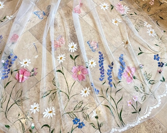 Hand Painted Floral Wedding Veil, Custom Bridal Veil, Colorful Flower Cathedral Veil, Romantic Garden Wedding Veil, Personalized Veil