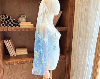 Hand Painted Celestial Wedding Veil, Custom Moon and Stars Bridal Veil, Blue Gold Starry Night Veil, Unique Short Wedding Accessory